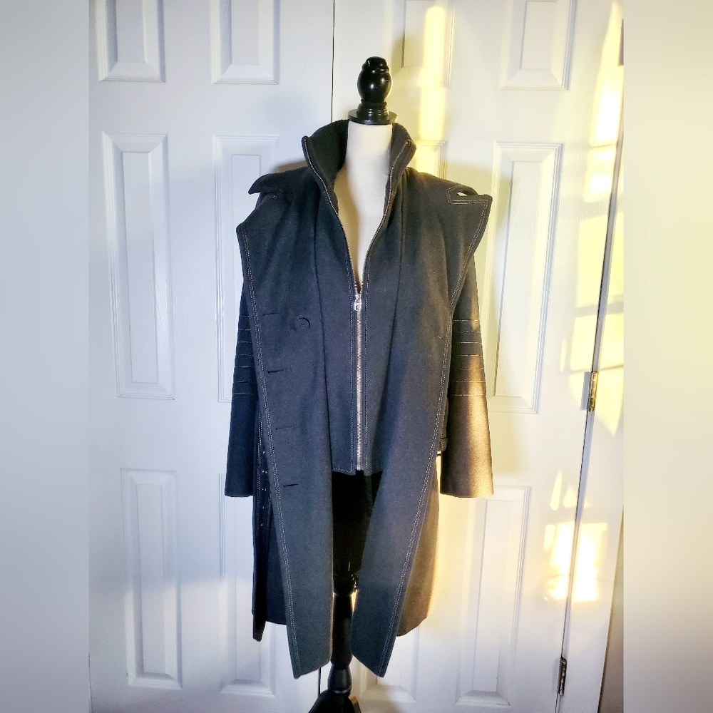 Miss Sixty Gray Wool Blend Belted Womens Coat With Ribbed Bib Collar - Picture 8 of 15